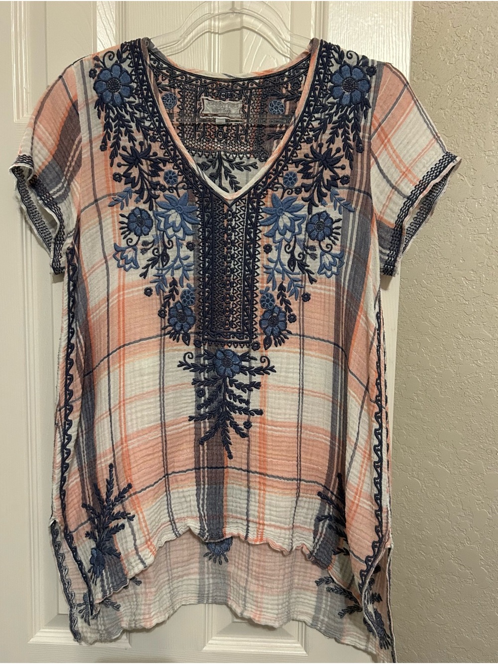 Johnny Was Peach, Blue & White Embroidered Plaid V-Neck Tunic